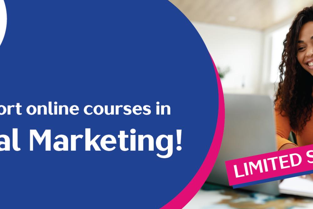 A promotional image advertising free one-day online courses in Digital Marketing.