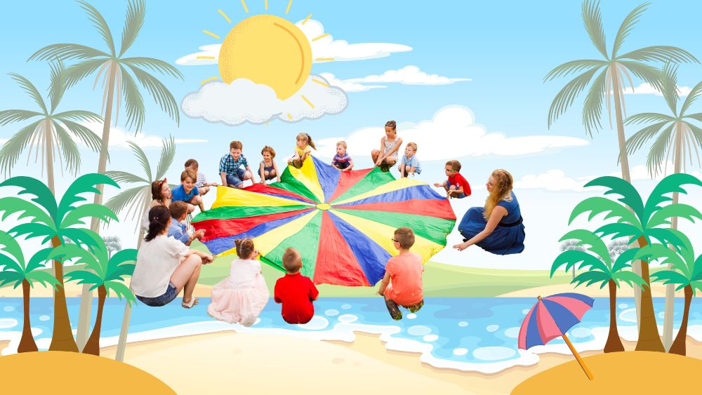 Beach background with children playing with a playground parachute