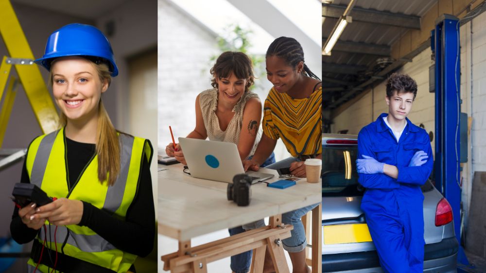 Apprentice with a hard hat, apprentice on laptop, apprentice mechanic