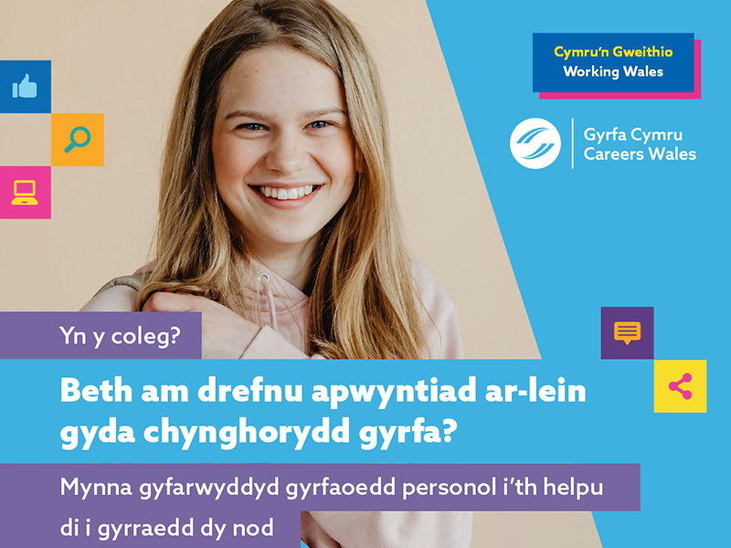 Beth am drefnu apwyntiad ar-lein gyda chynghorydd gyrfa? Mynna gyfarwyddyd gyrfaoedd personol i'th helpu di i gyrraedd dy nod. Logo Gyrfa Cymru. Logo Cymru'n Gewithio.