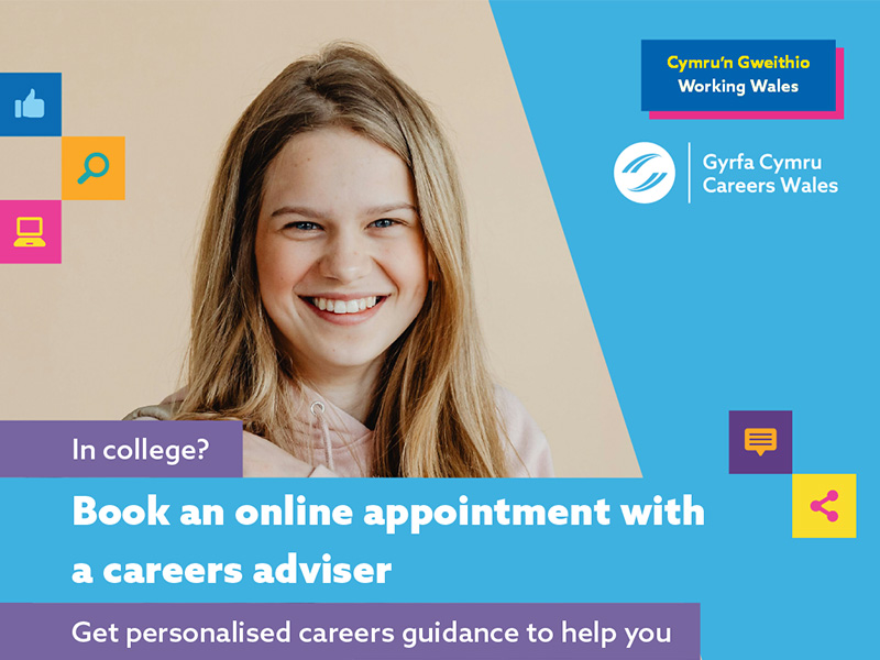 Book an online appointment with a careers advisor. Get personalised careers guidance to help you. Careers Wales logo. Working Wales logo.