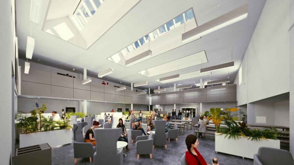 Artist impression of a social space in the Gorseinon Campus redevelopment, with wide open spaces, seating and high ceilings
