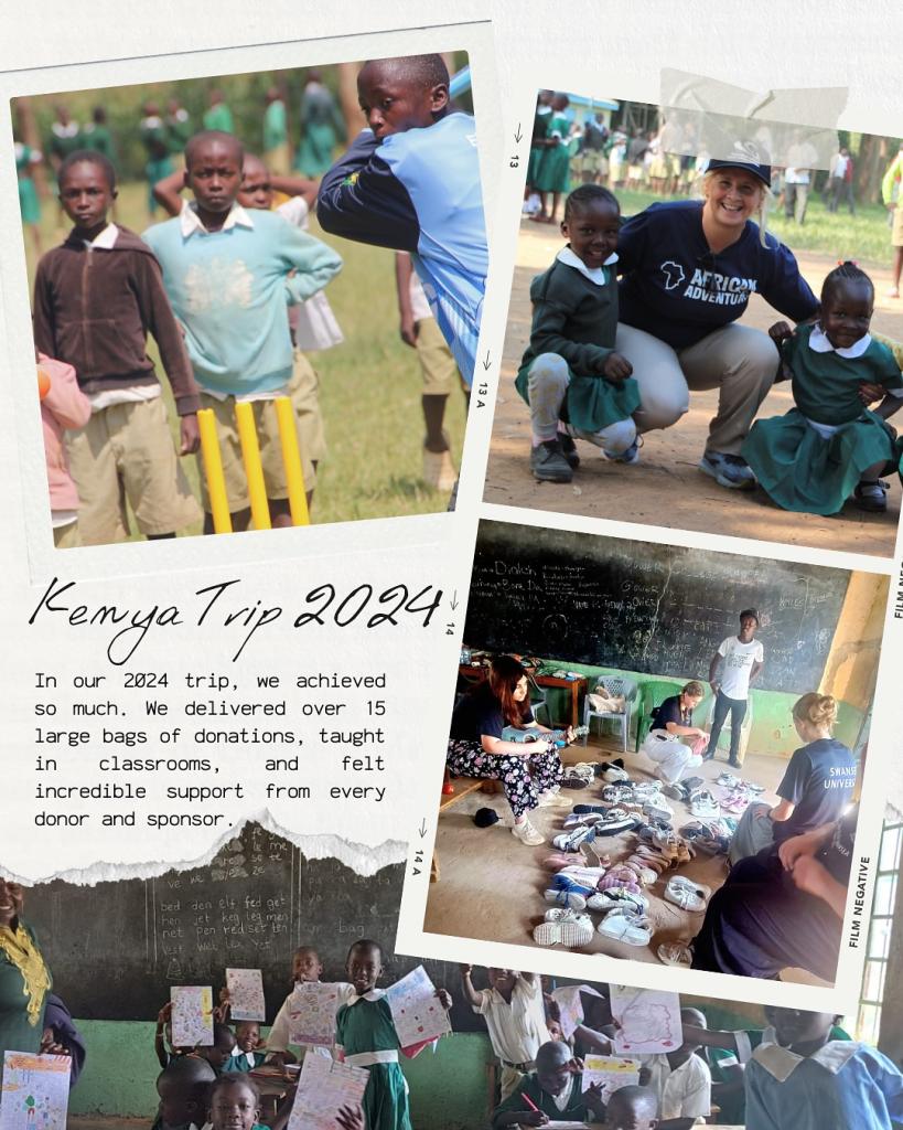 Pictures of school children in Kenya with the text: Kenya Trip 2024. In our 2024 trip, we achieved so much. We delivered over 15 large bags of donations, taught in classrooms, and felt incredible support from every donor and sponsor.