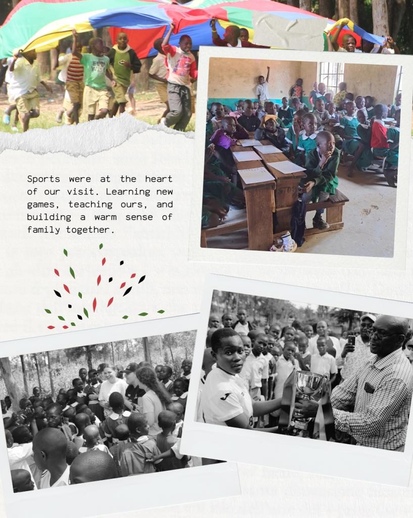 Group photos of Madungu students with our students and staff, with the text: Sports were at the heart of our visit. Learning new games, teaching ours, and building a warm sense of family together.