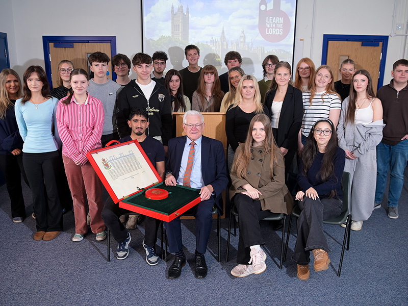 Students and staff with the Lord German OBE