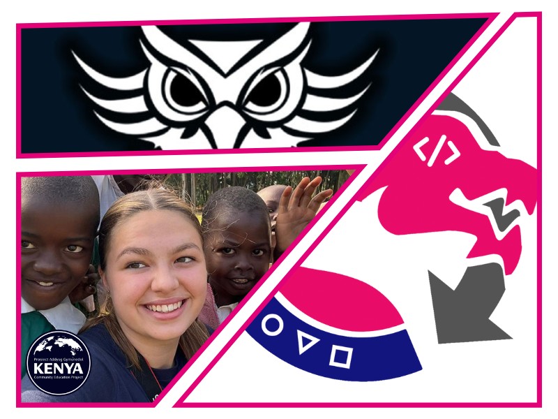 Logo GCS Owls. Gower College Development Studio Logo. Image of student in Kenya with Kenya Community Education Project logo.