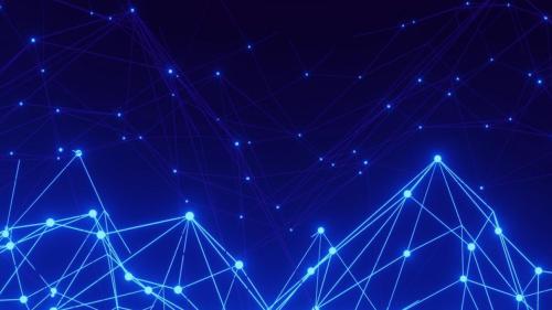 Abstract digital network illustration featuring glowing blue nodes connected by intricate geometric lines against a dark blue background