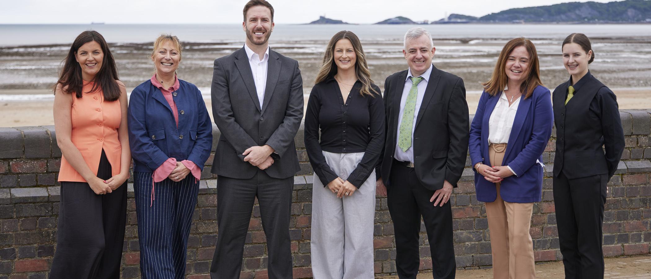 Left to right - Amy Harvey Secret Hospitality Group, Nikki Neale Vice Principal, Paul Kift Vice Principal, Lucy Hole Secret Hospitality Group, Mark Clement Learning Area Manager, Cath Williams Dean of Faculty, Evelyn Howells Level 2 student in Professional Cookery and Hospitality