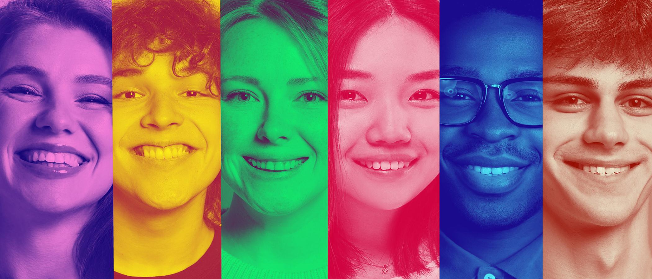 Variety of people with rainbow gradient overlay