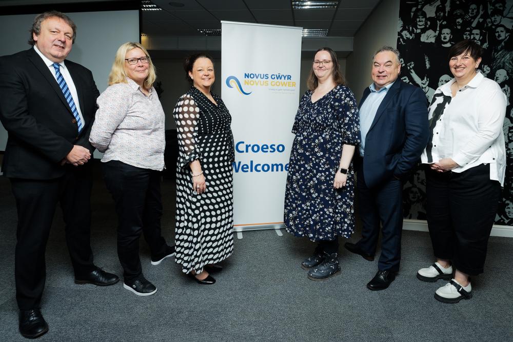 Left to right: Mark Jones, CEO Gower College Swansea, Sian Hibbs, Deputy Director Strategic Support, Admin and Assurance HM Prison and Probation Service, Louisa Walters, Quality Development Manager Gower College Swansea, Sally Pearson, Head of Learning and Skills Novus Gower, Peter Cox, Managing Director Novus and Donna Whitehall, Contract Manager HM Prison and Probation Service 