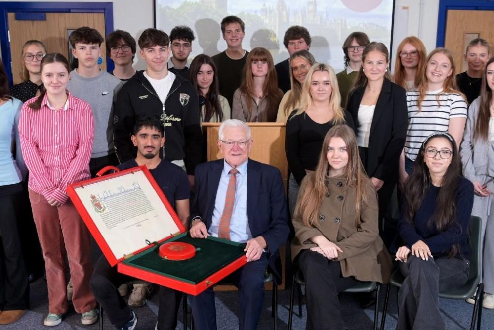 Students and staff with the Lord German OBE
